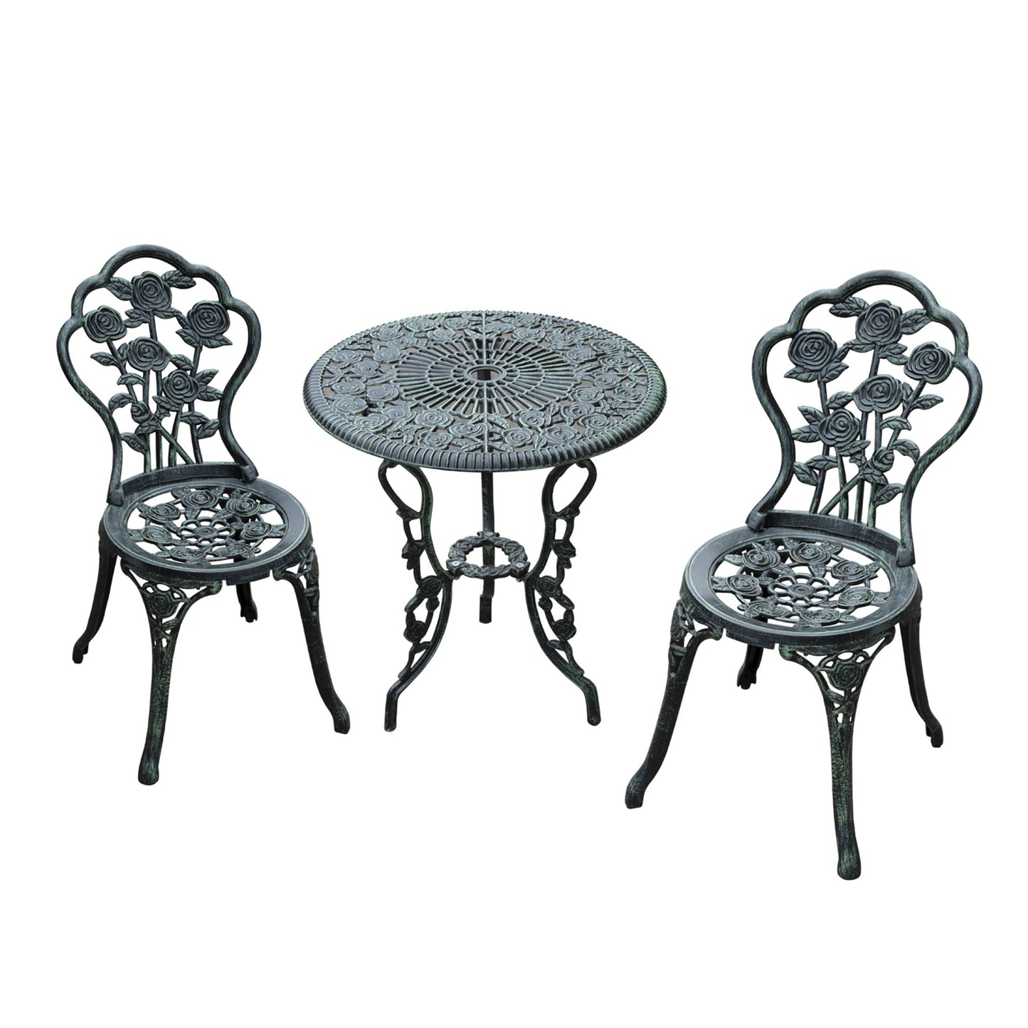 Cast Aluminium Outdoor Patio Garden Bistro Elegant Design Table Chair Set - Green 3-Piece Primary Image