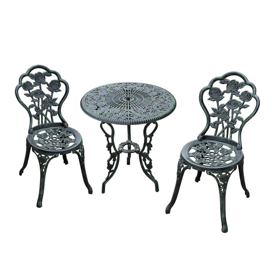 Cast Aluminium Outdoor Patio Garden Bistro Elegant Design Table Chair Set - Green 3-Piece