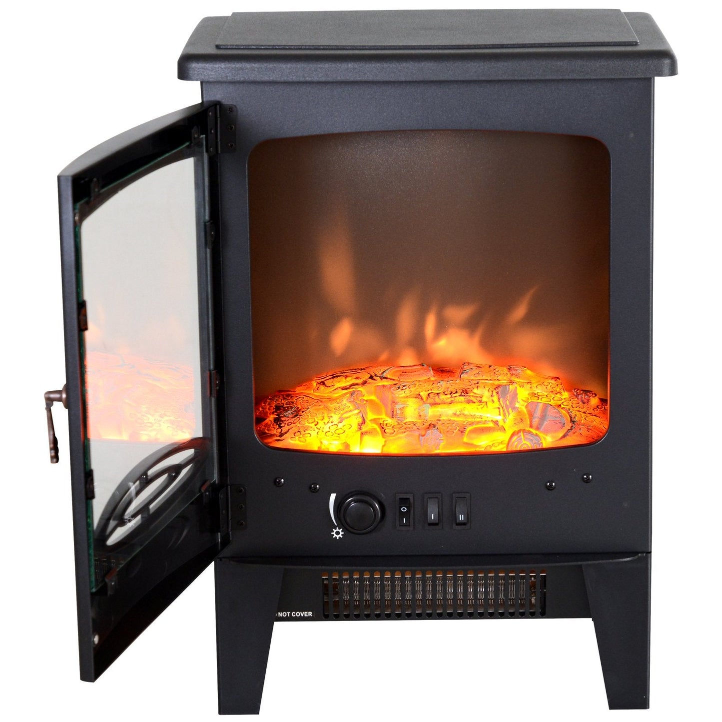 Electric Heater Freestanding Fireplace Artificial Flame Effect w/ Safety Thermostat 950w/1850W Tempered Glass Casing-Black