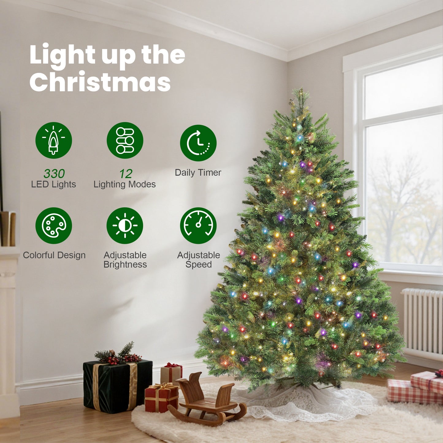 6ft Carolina Pine Christmas Tree Artificial - with LED Lights Multicoloured 2123 Tips