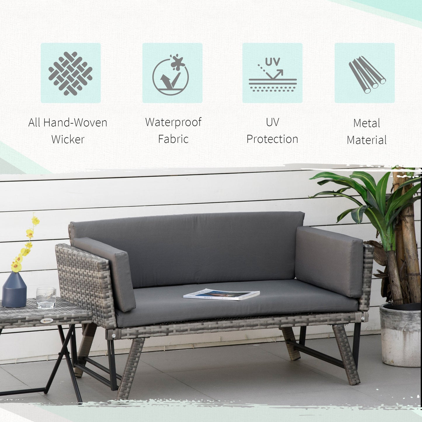 Outsunny 2 In 1 Rattan Folding Daybed Sofa Bench Garden Chaise Lounger Loveseat With Cushion Outdoor Patio Mixed Grey