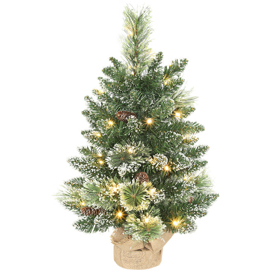 2ft Prelit Christmas Tree Artificial - White Frosted Green Ornament Warm White 64 Tips