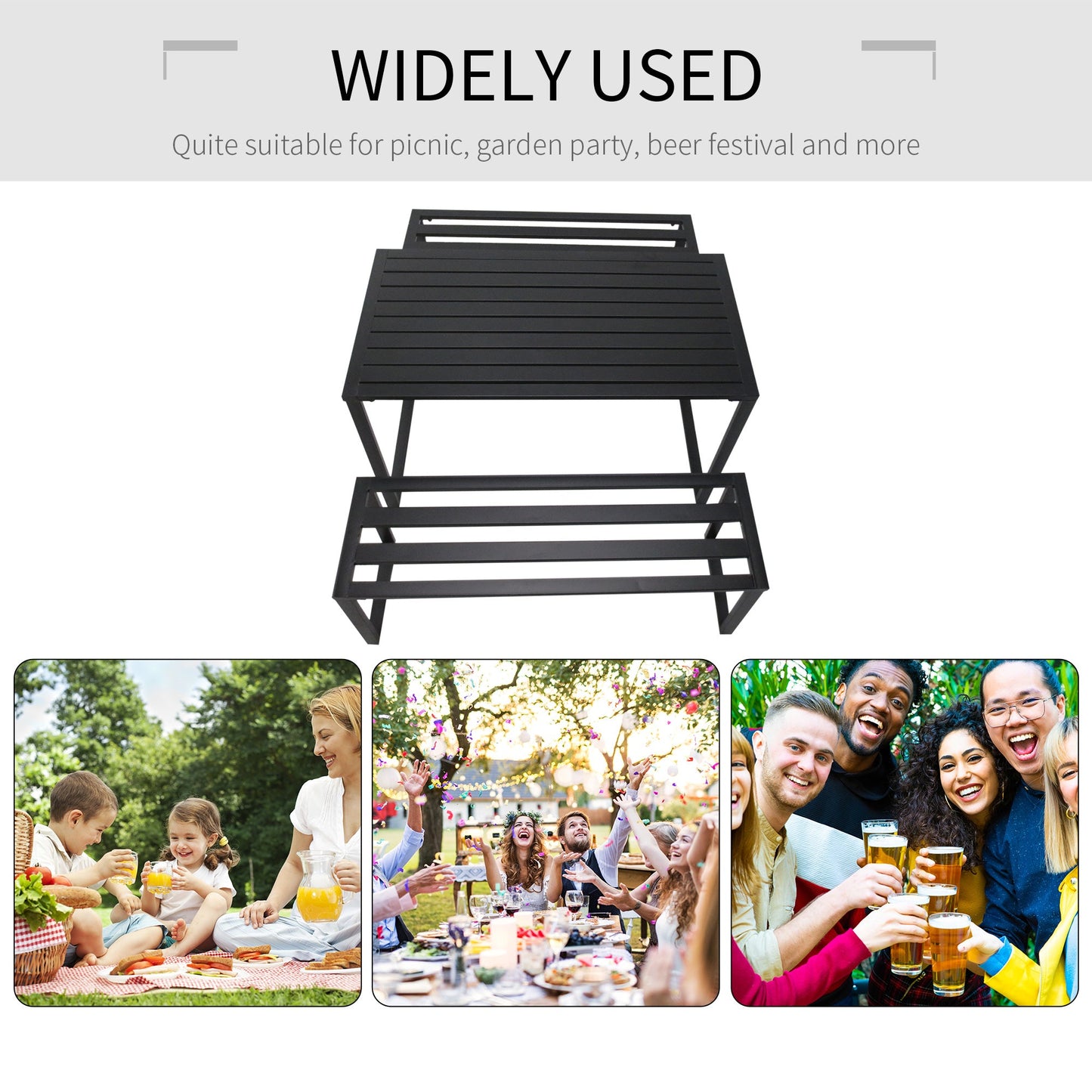 Outdoor 3-Piece Metal Picnic Table and 2 Benches Set Dining Trestle Beer Table Patio Garden Furniture Black