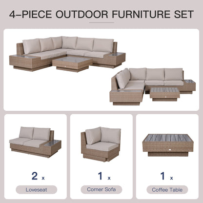 4-Piece Rattan Garden Furniture Outdoor Sectional Corner Sofa and Coffee Table Set Conservatory Wicker Weave Furniture with Armrest and Cushions - Beige