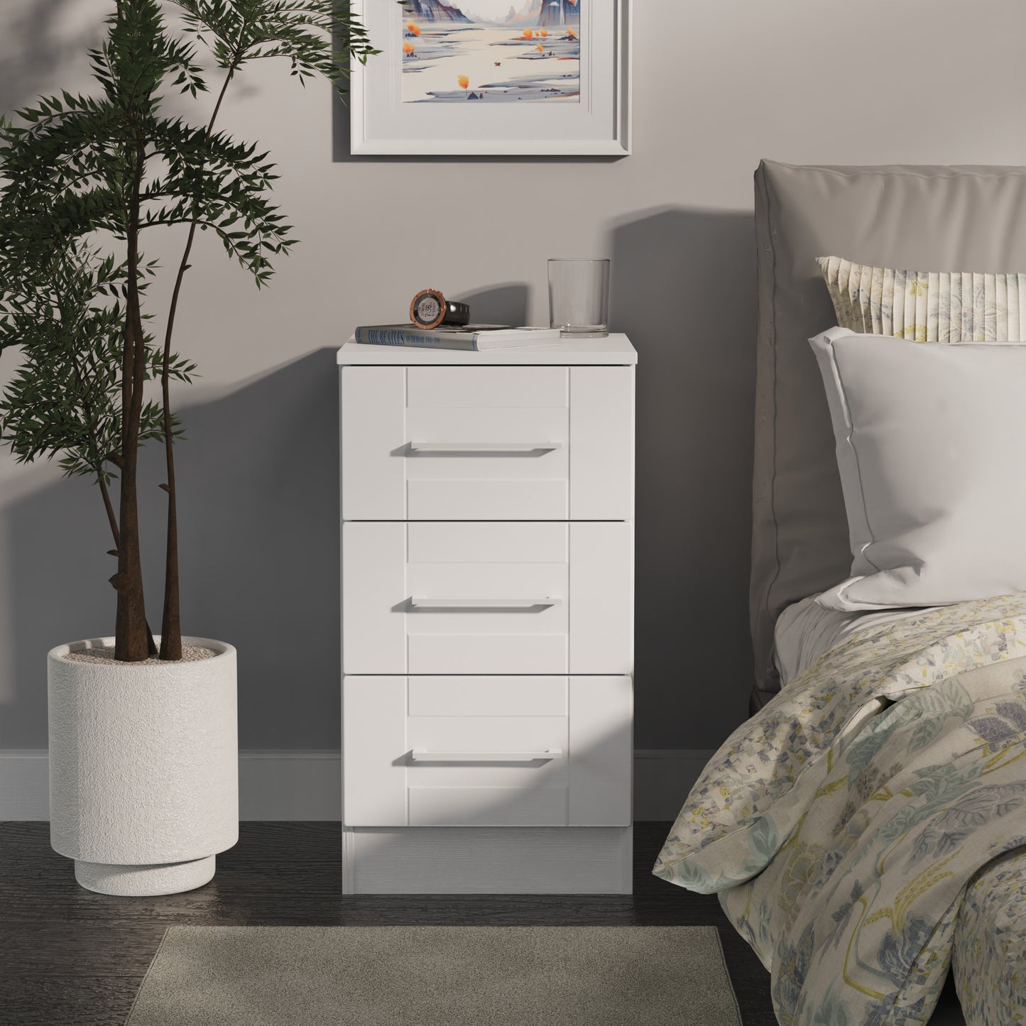 York Bedside Table White 3 Drawers 37cm