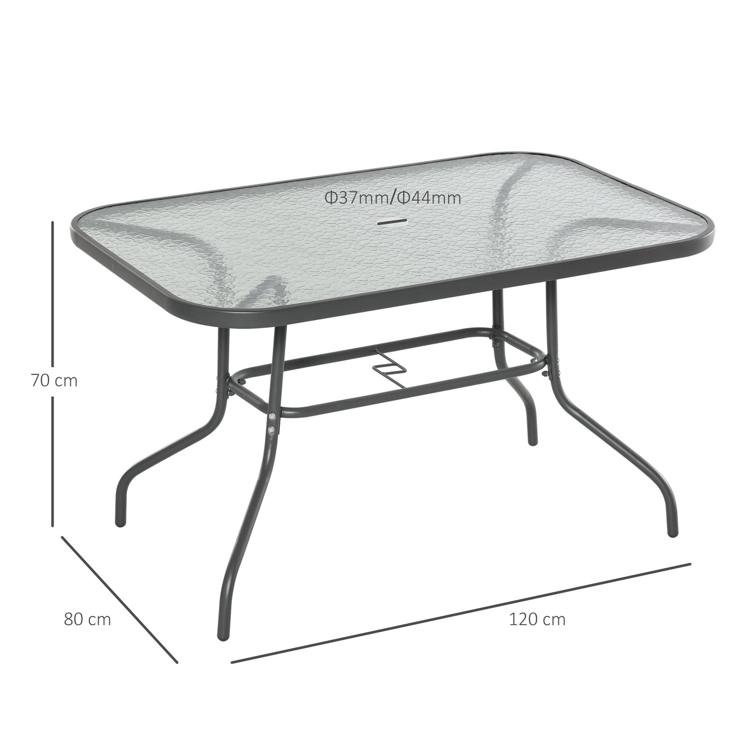 Garden Dining Table Glass Top Metal Frame with Parasol Hole Outdoor Balcony Grey 120L x 80W cm