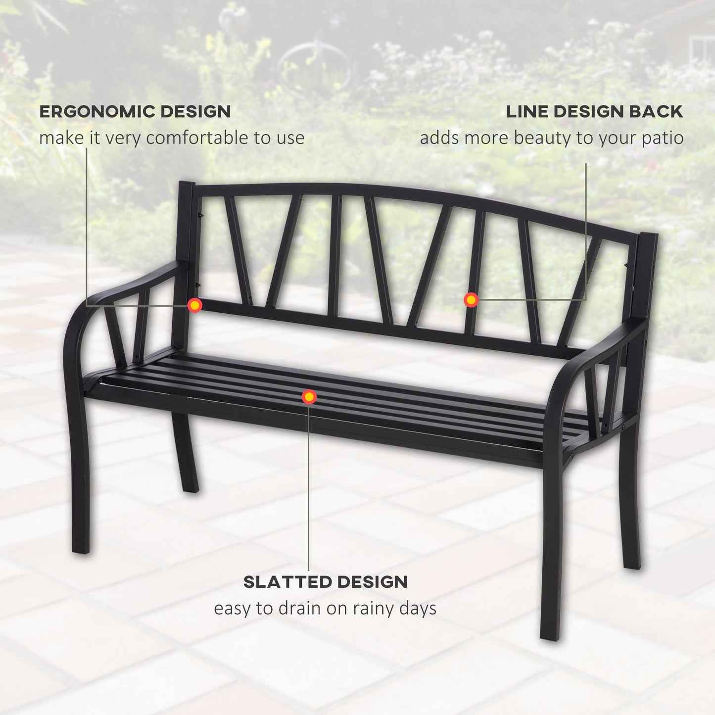 2 Seater Garden Bench Metal Loveseat w/ Decorative Backrest Ergonomic Armrest