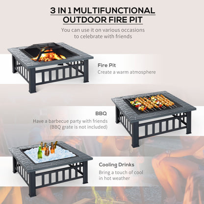 Metal Large Firepit Outdoor Square Fire Pit Brazier w/ Rain Cover