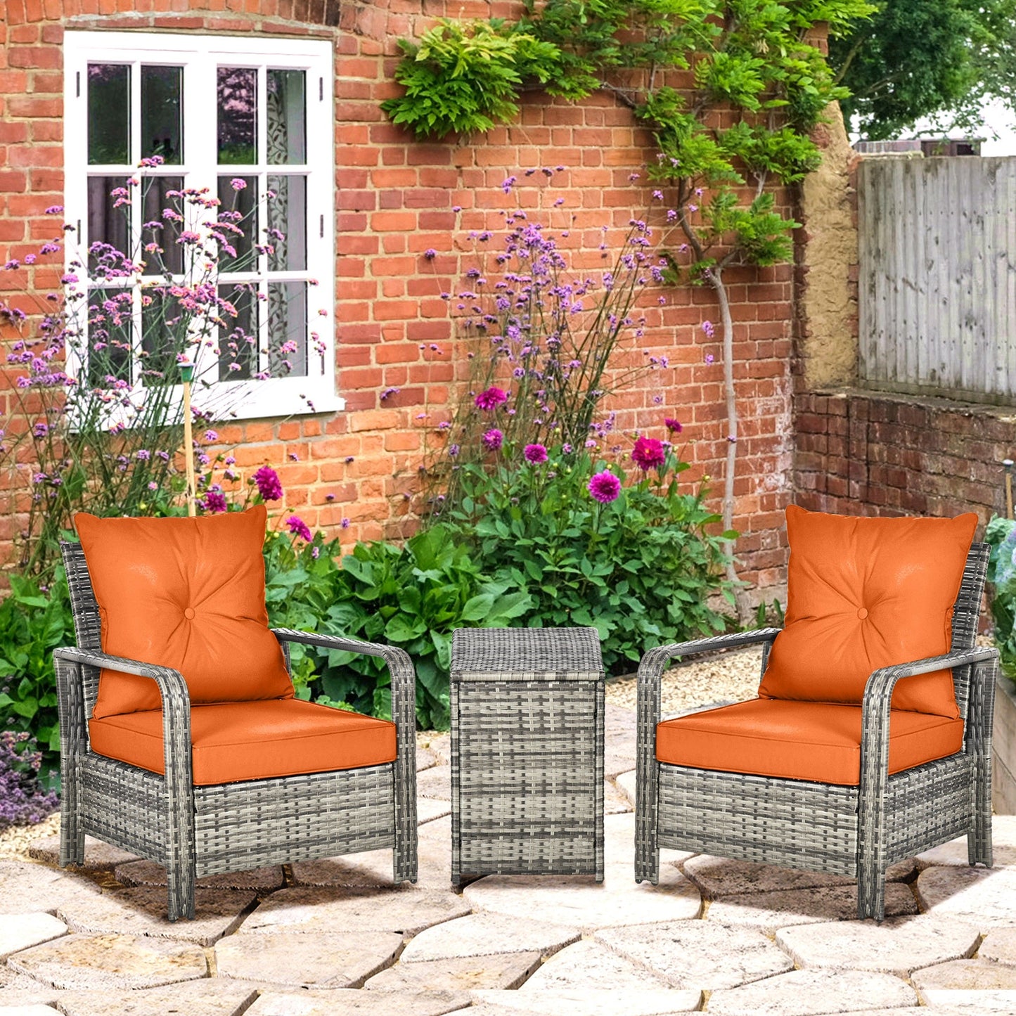 3-Piece PE Rattan Wicker Garden Furniture Patio Bistro Set Weave Conservatory Sofa Storage Table and Chairs Set Orange Cushion Grey Wicker