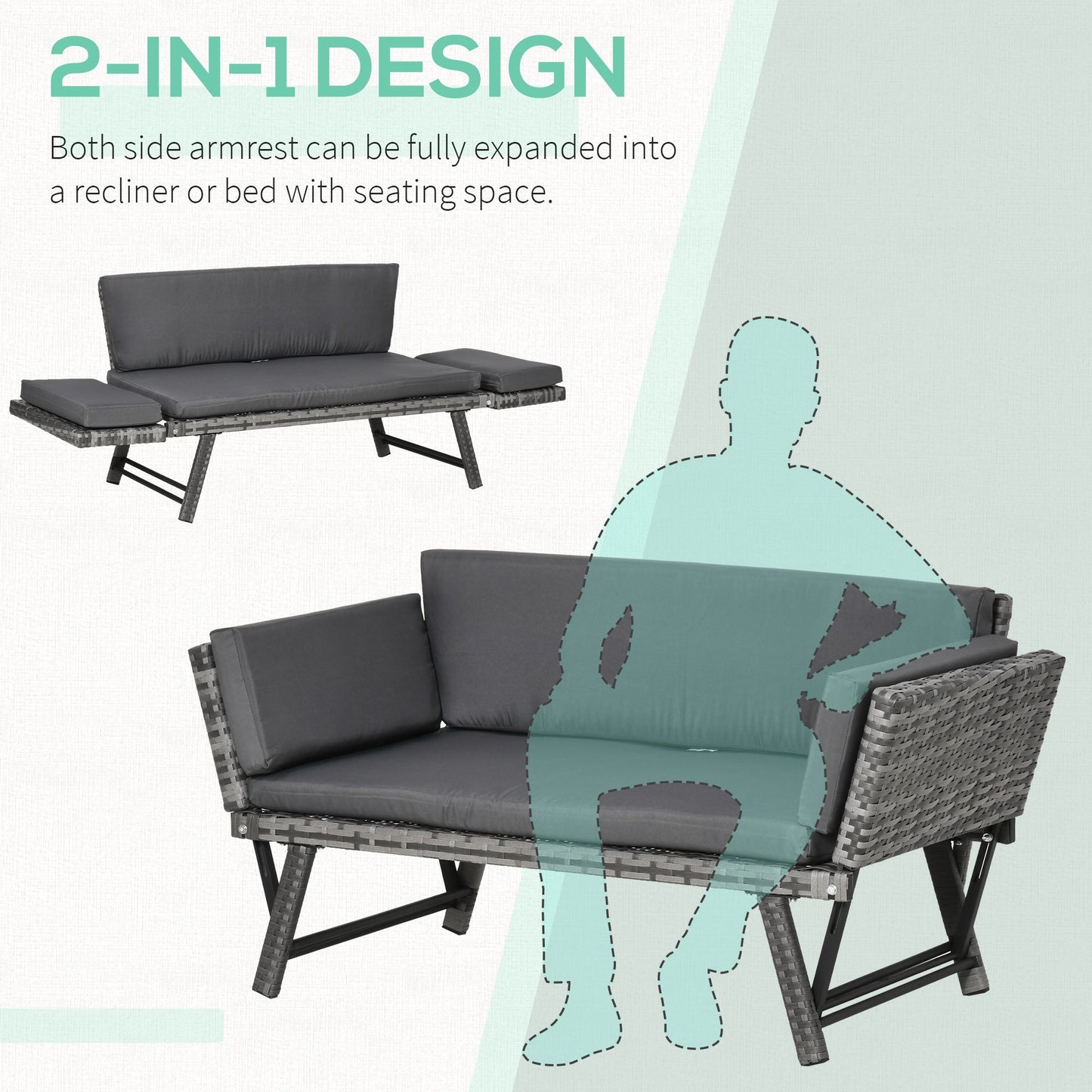 Outsunny 2 In 1 Rattan Folding Daybed Sofa Bench Garden Chaise Lounger Loveseat With Cushion Outdoor Patio Mixed Grey