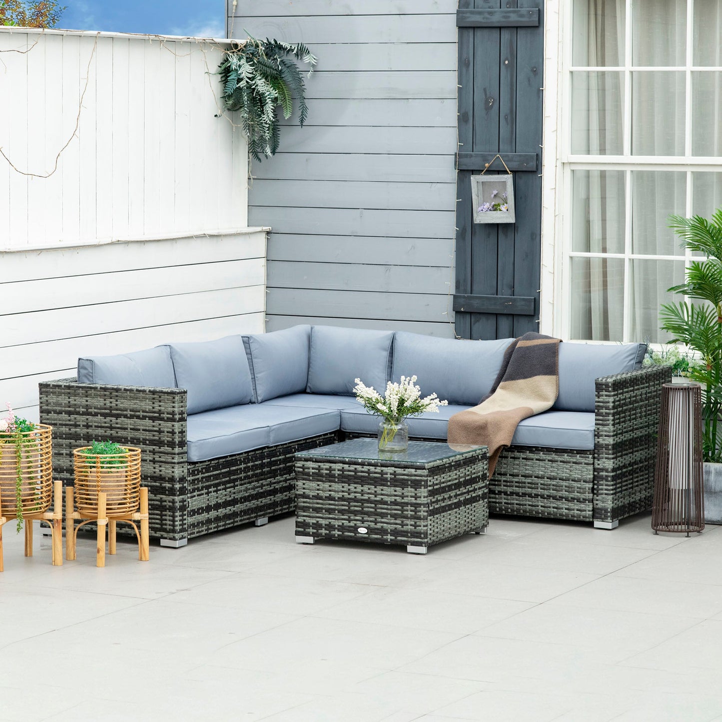5 Seater Rattan Garden Furniture Sets Wicker Patio Conservatory Dining Set with Corner Sofa Loveseat Coffee Table Cushions for Balcony Backyard Primary Image