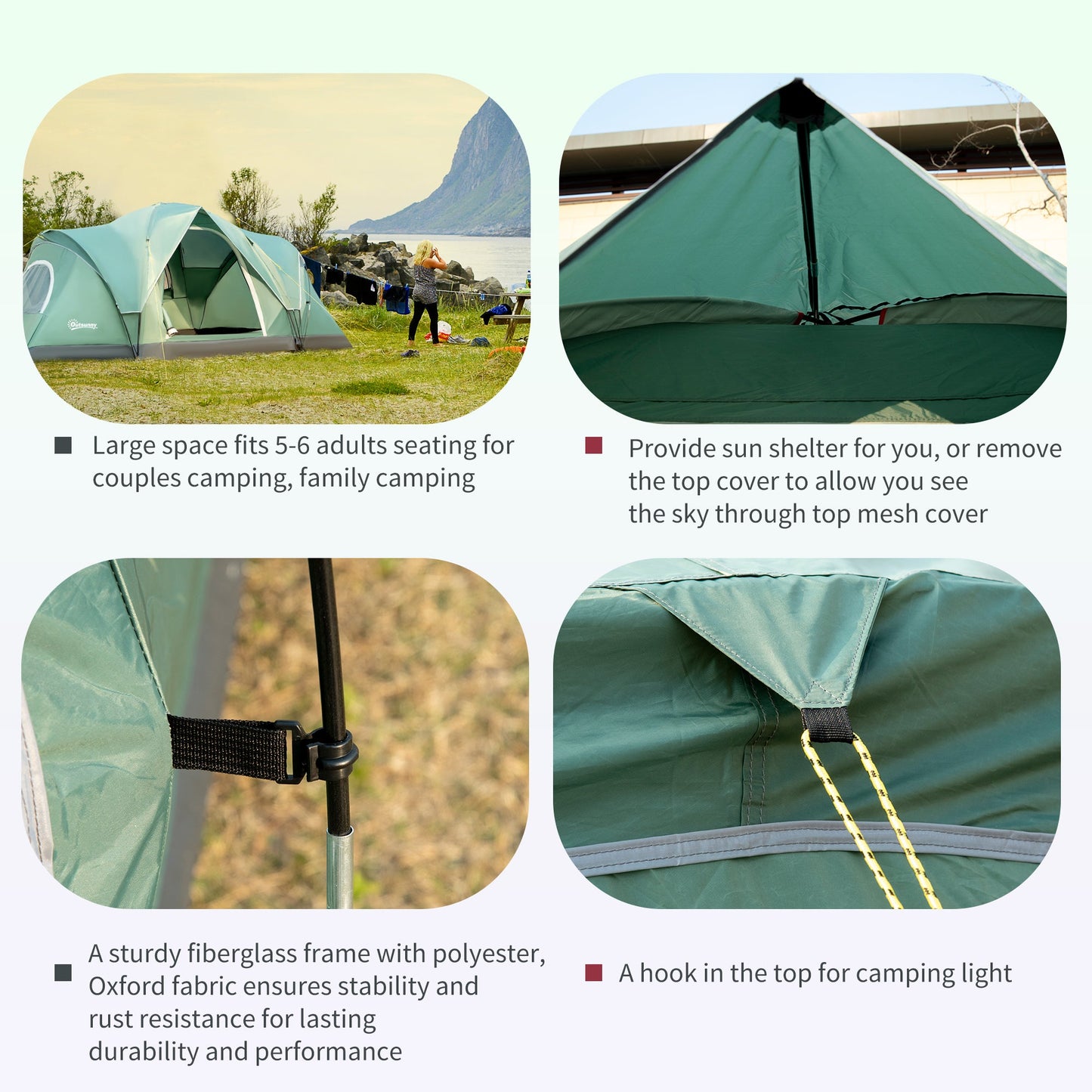 5-6 Man Dome Camping Tent Hiking Shelter UV Protection 3000mm Water Resistant Tunnel Tent - Dark Green