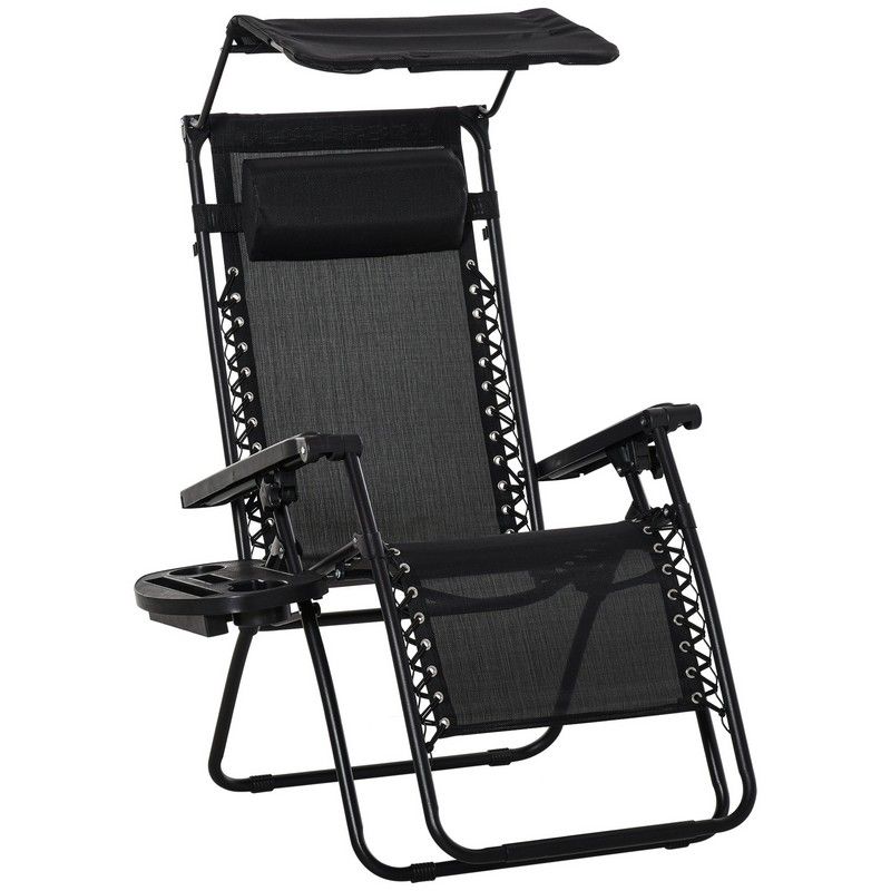 Outsunny Zero Gravity Garden Deck Folding Chair Texteline Patio Sun Lounger Reclining Seat with Cup Holder & Canopy Shade - Black