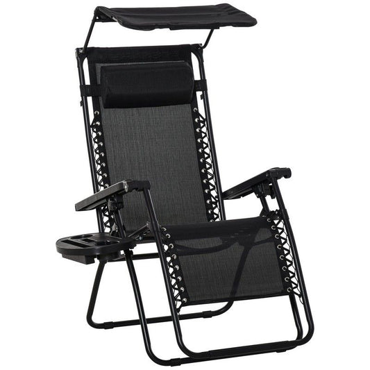 Outsunny Zero Gravity Garden Deck Folding Chair Texteline Patio Sun Lounger Reclining Seat with Cup Holder & Canopy Shade - Black