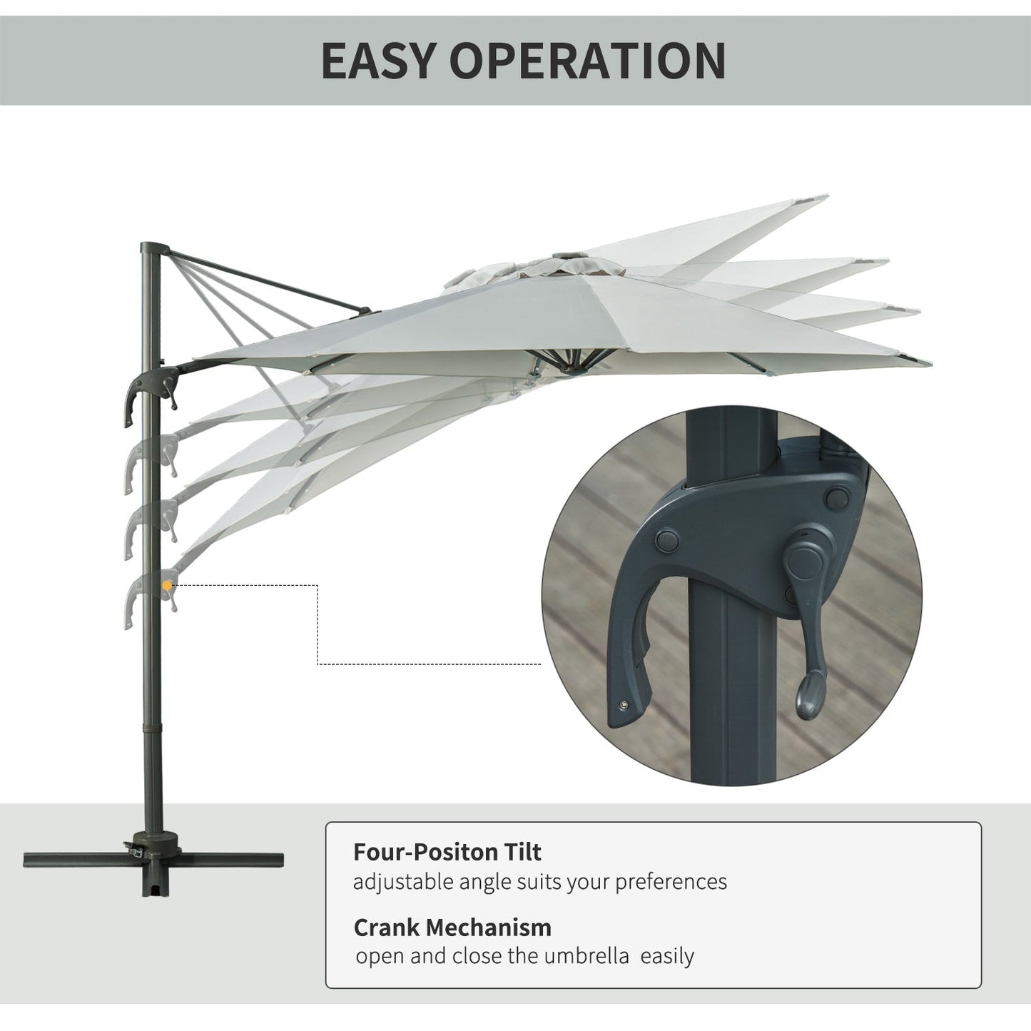3M LED Cantilever Parasol Garden Sun Umbrella w/ Cross Base and Solar Lights Grey