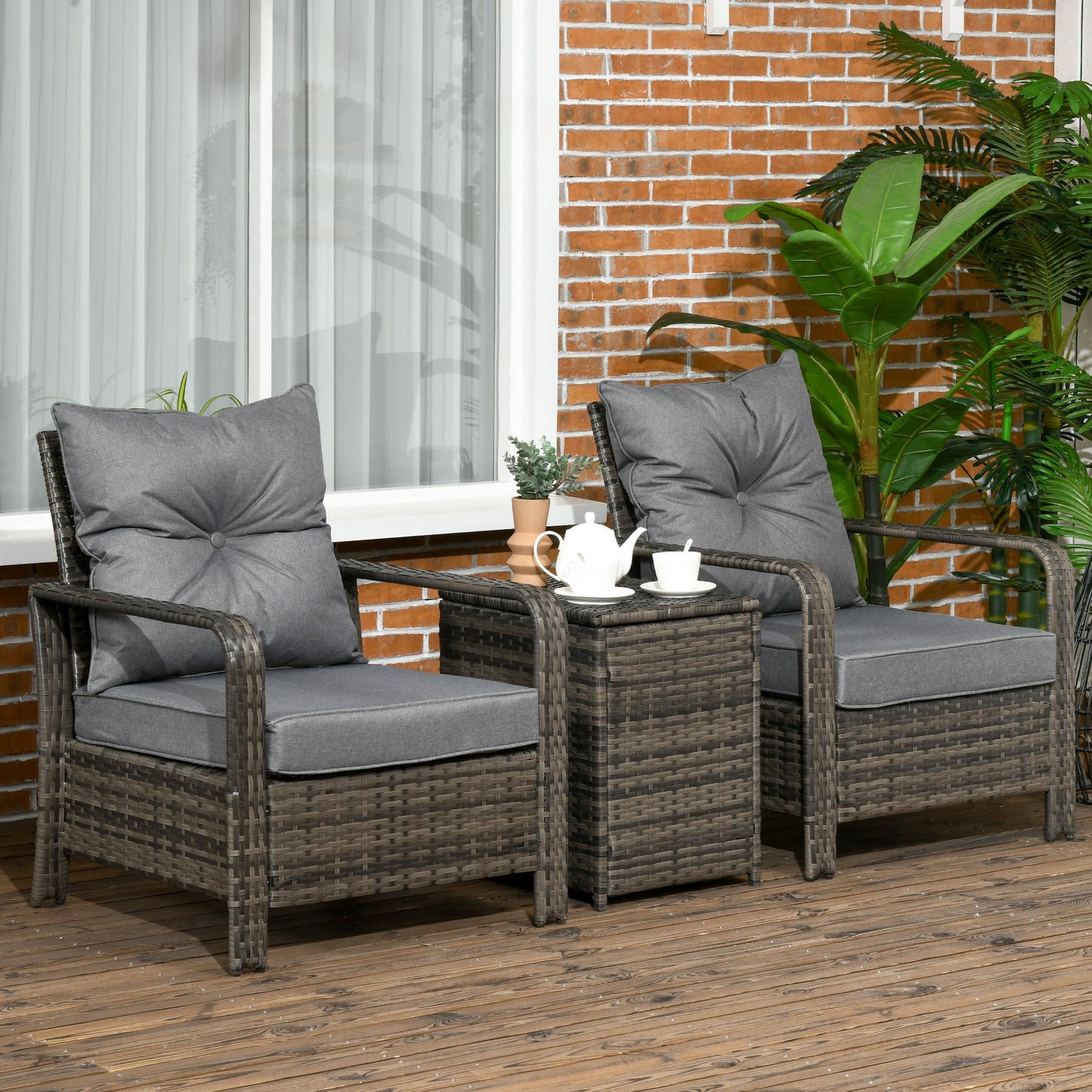 3-Piece PE Rattan Wicker Garden Furniture Patio Bistro Set Weave Conservatory Sofa Storage Table and Chairs Set Grey Cushion & Wicker