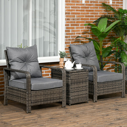 3-Piece PE Rattan Wicker Garden Furniture Patio Bistro Set Weave Conservatory Sofa Storage Table and Chairs Set Grey Cushion & Wicker