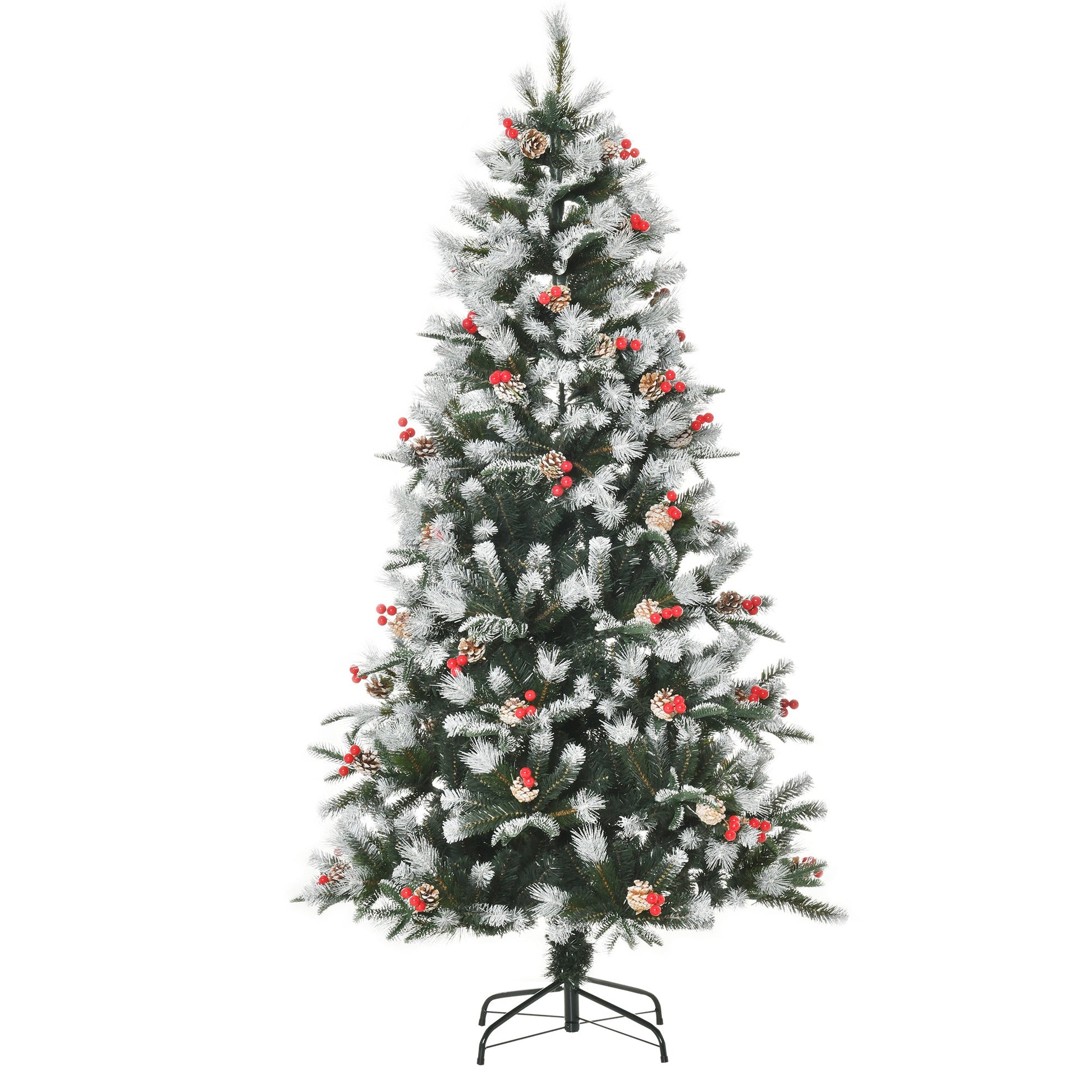Homcom 6FT Artificial Snow Dipped Christmas Tree Xmas Pencil Tree with Foldable Feet Red Berries White Pinecones Primary Image