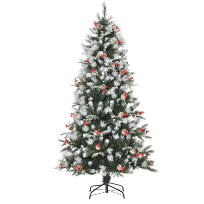 Homcom 6FT Artificial Snow Dipped Christmas Tree Xmas Pencil Tree with Foldable Feet Red Berries White Pinecones Primary Image