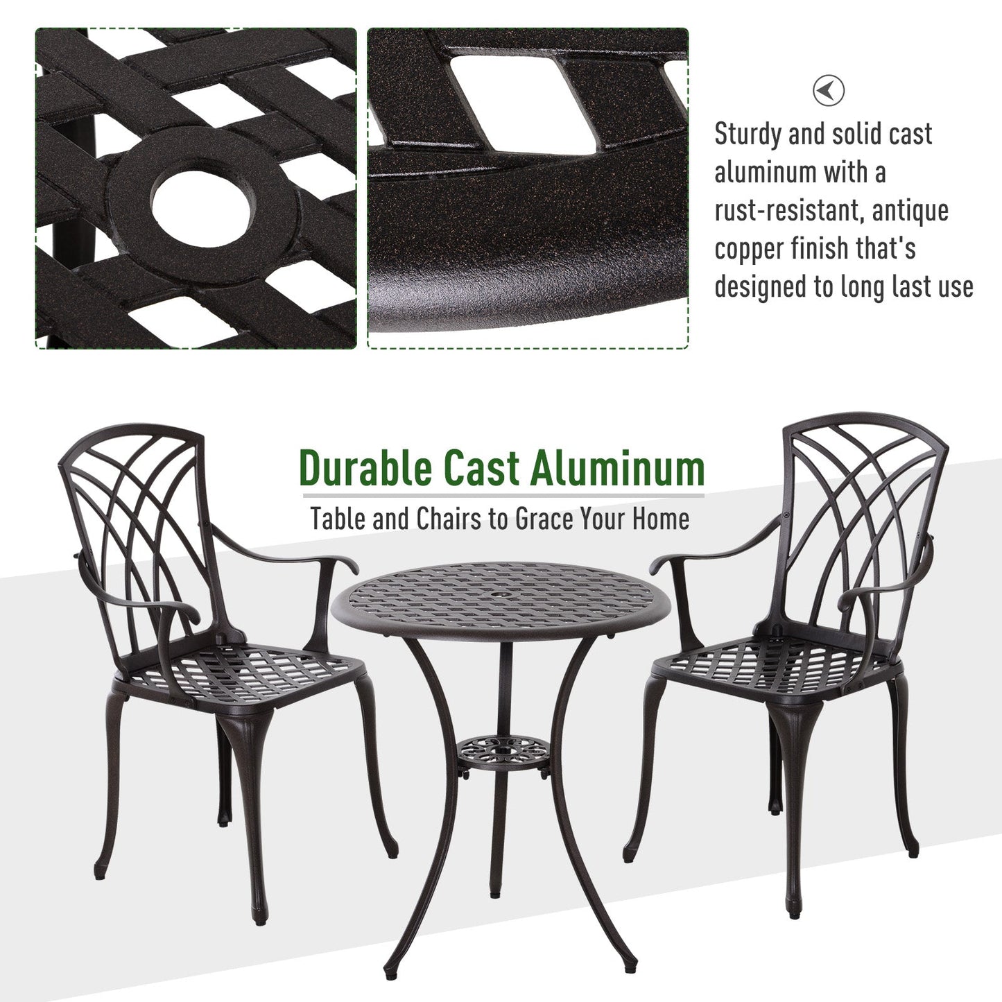 Patio Cast Aluminium 3-Piece Bistro Set Coffee Table & 2 Chairs Set Outdoor Garden Furniture Set