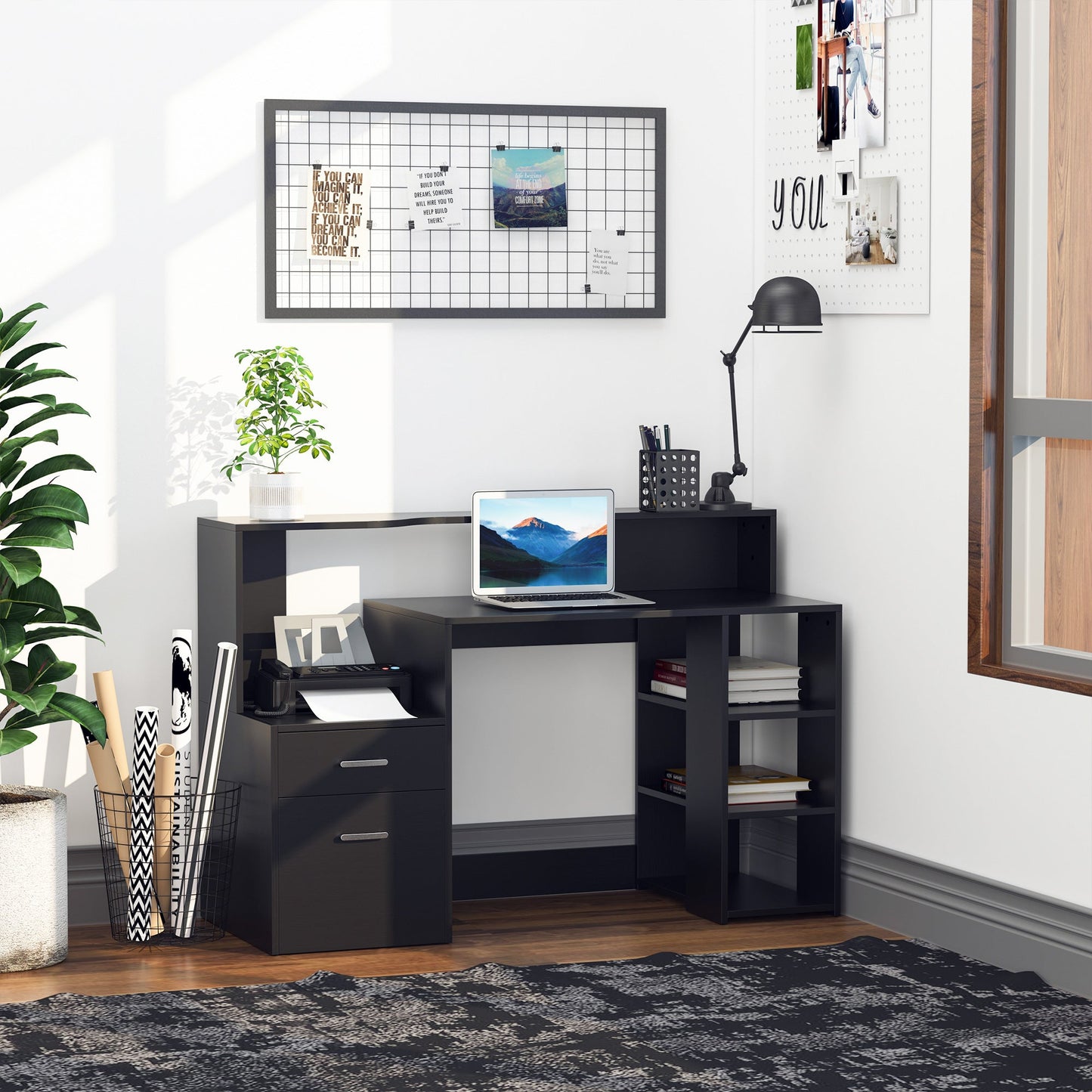 Computer Desk Study Table Modern Home Office Writing Workstation Furniture Printer Shelf Rack w/ Storage Drawer & Shelves Black