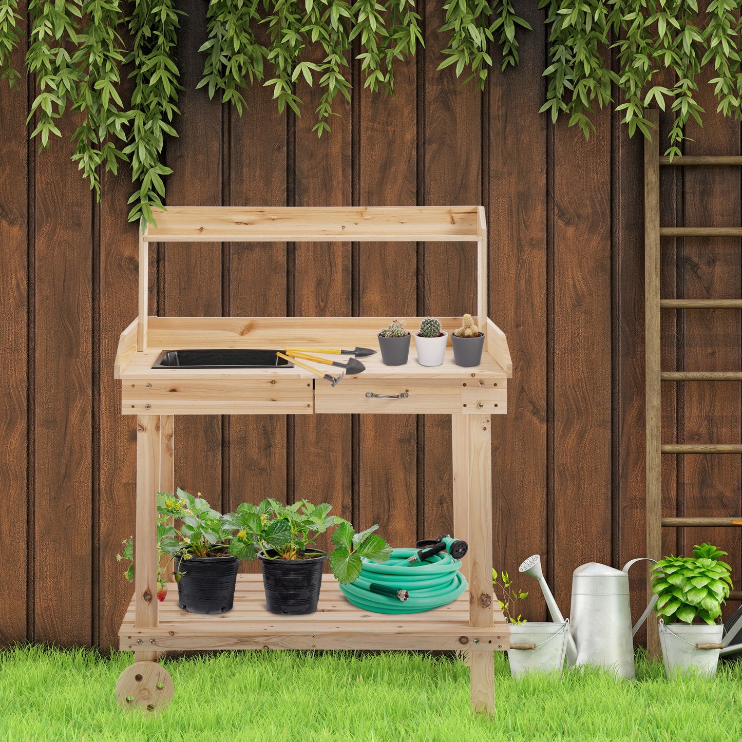 Wooden Potting Bench Work Table with 2 Removable Wheels