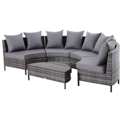 Rattan Garden Furniture 4 Seaters Half-Round Patio Outdoor Sofa & Table Set Wicker Weave Conservatory Cushioned Seat With Pillow - Grey Primary Image