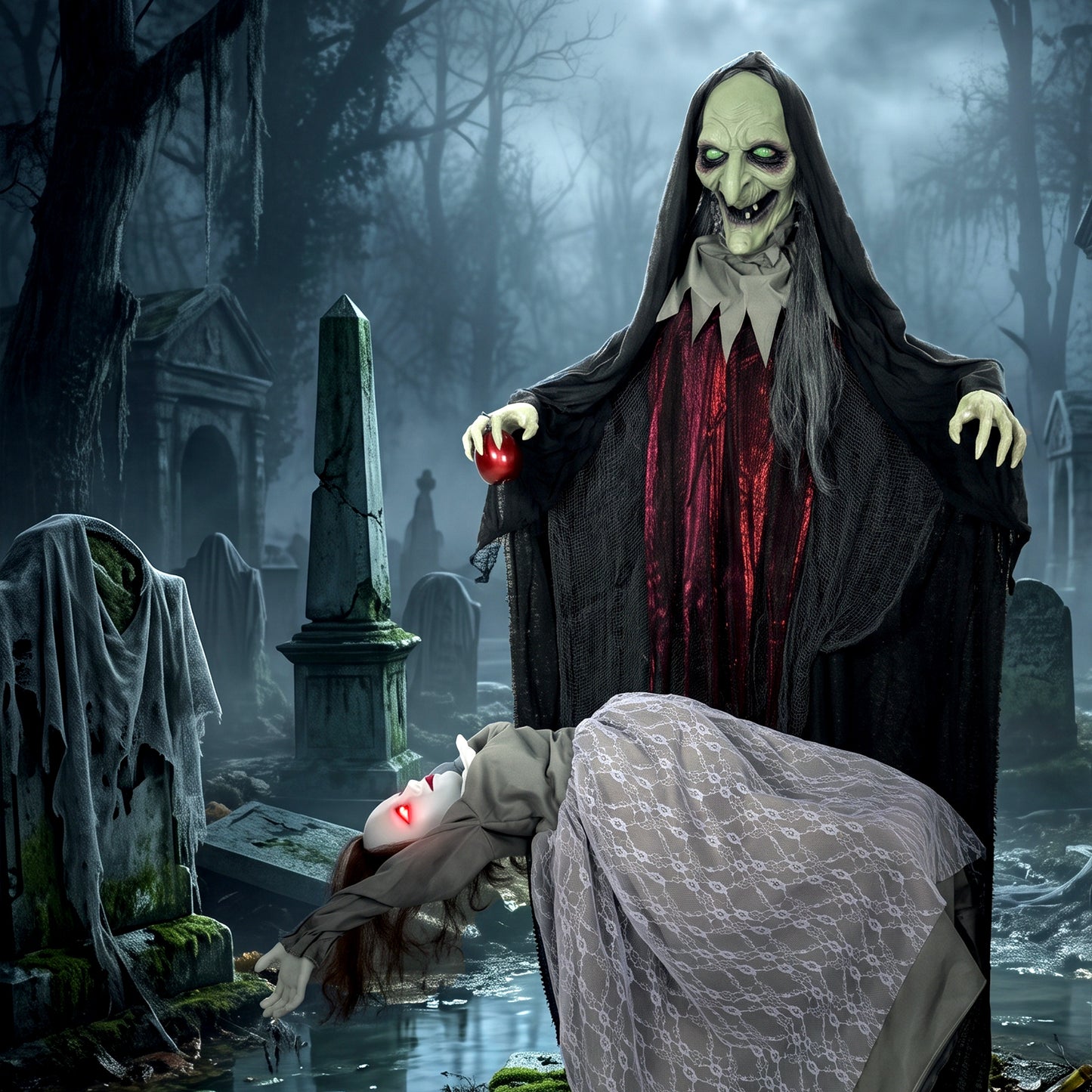Animated Witch And Ghost Halloween Decoration - 180cm