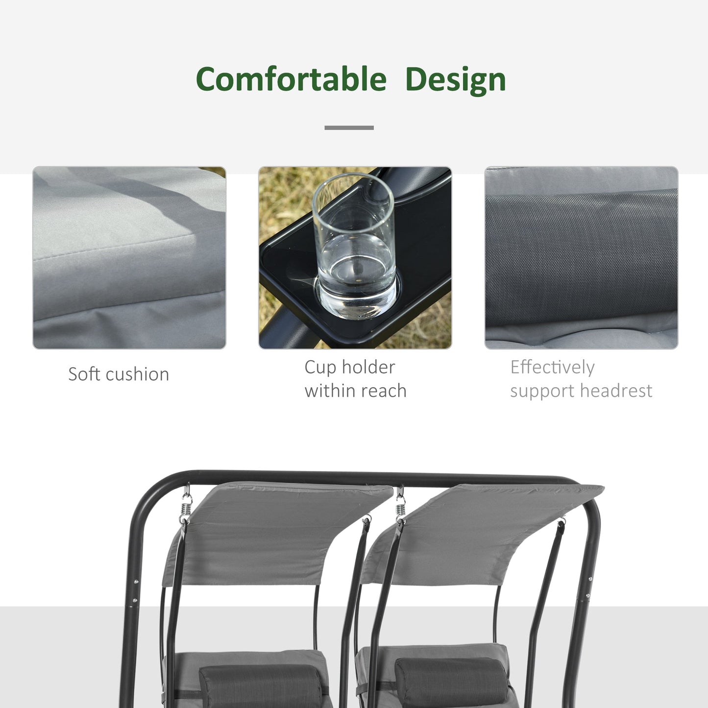 Outsunny Canopy Swing 2 Separate Relax Chairs With Handrails And Removable Canopy Grey