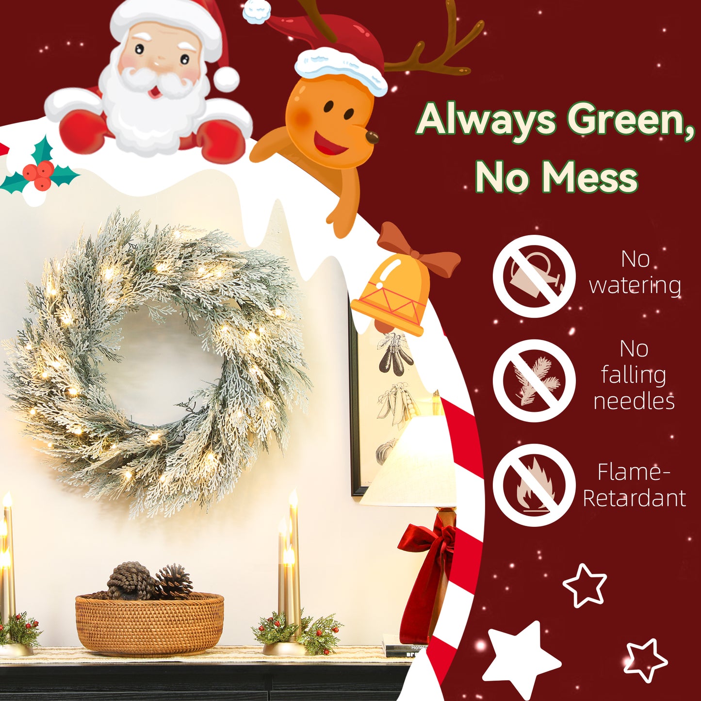 Wreath Christmas Decoration Green with Frosted Pattern - 60cm