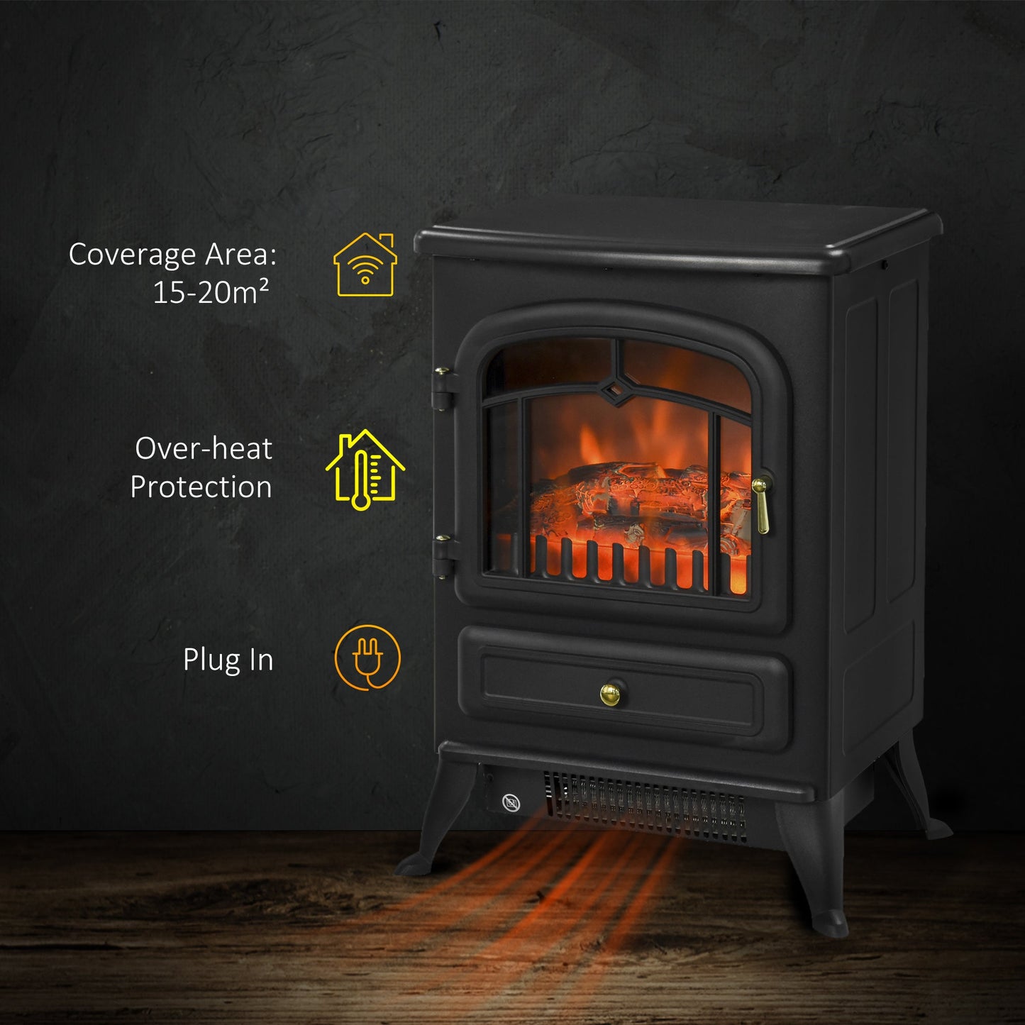 Freestanding Electric Fire Place Indoor Heater Glass View Log Wood Burning Effect Flame Portable Fireplace Stove 950/1850W