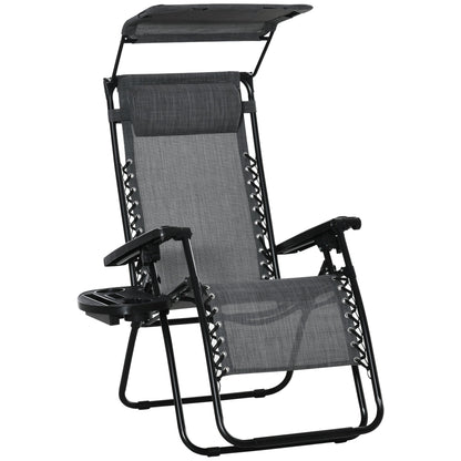Zero Gravity Garden Deck Folding Chair Texteline Patio Sun Lounger Reclining Seat with Cup Holder & Canopy Shade - Grey