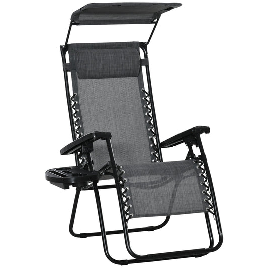 Zero Gravity Garden Deck Folding Chair Texteline Patio Sun Lounger Reclining Seat with Cup Holder & Canopy Shade - Grey