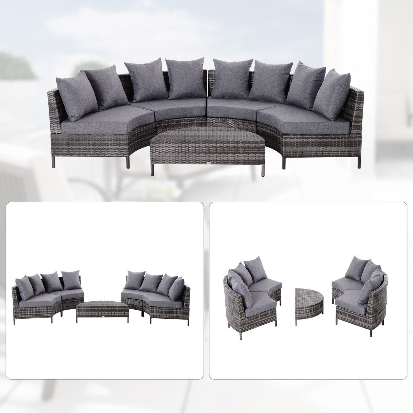 Rattan Garden Furniture 4 Seaters Half-Round Patio Outdoor Sofa & Table Set Wicker Weave Conservatory Cushioned Seat With Pillow - Grey