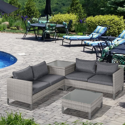 4-Piece PE Rattan Wicker Sofa Set Outdoor Conservatory Furniture Lawn Patio Coffee Table w/ Side Storage Box & Cushion Primary Image
