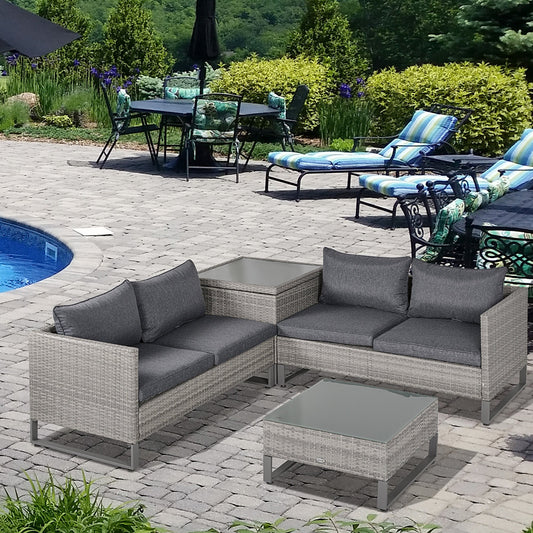 4-Piece PE Rattan Wicker Sofa Set Outdoor Conservatory Furniture Lawn Patio Coffee Table w/ Side Storage Box & Cushion