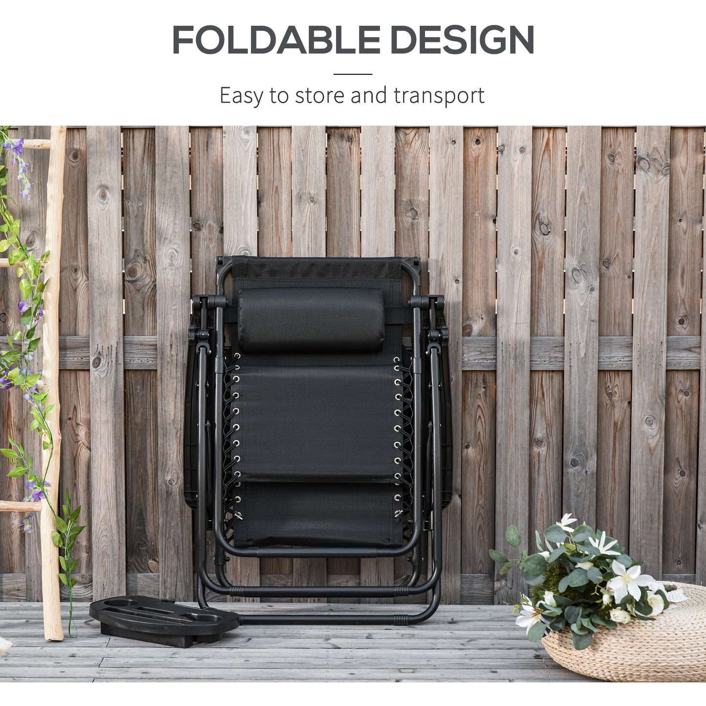 Outsunny Zero Gravity Garden Deck Folding Chair Texteline Patio Sun Lounger Reclining Seat with Cup Holder & Canopy Shade - Black