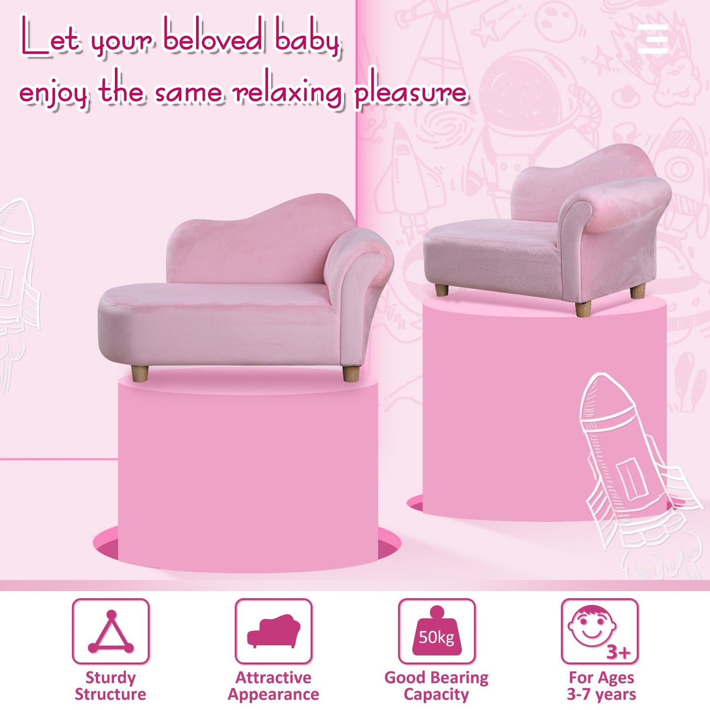 Kids Velvet-Like Chaise Lounge Pink