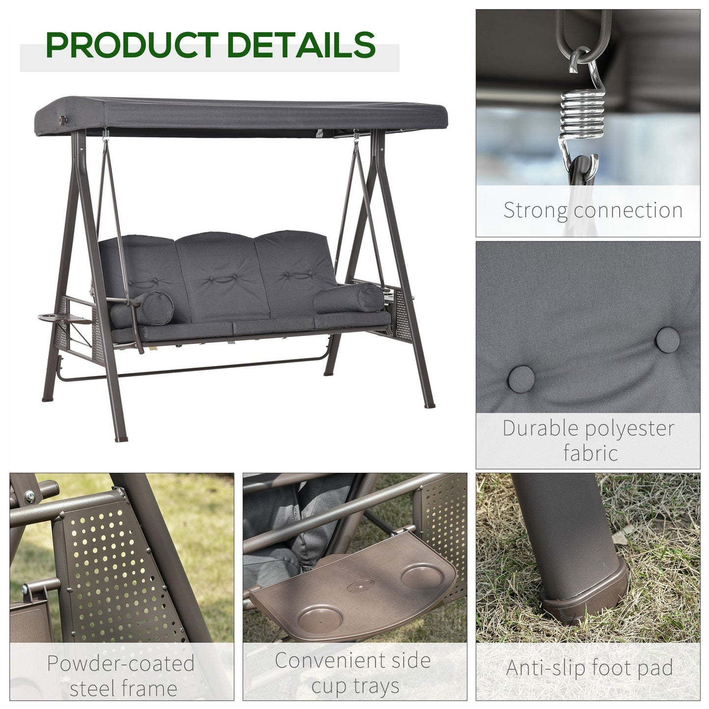Outsunny 3 Seater Garden Swing Chair Outdoor Hammock Bench w/ Adjustable Canopy
