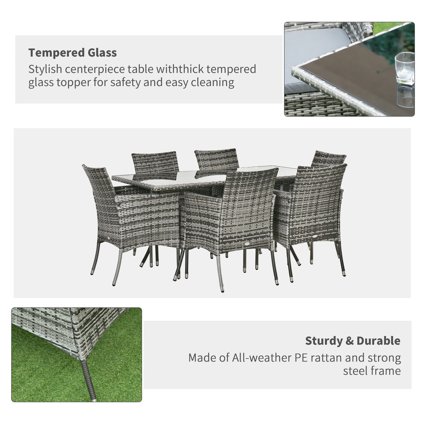 Rattan Garden Furniture Dining Set 6 Seater Patio Rectangular Table Cube Chairs Outdoor Fire Retardant Sponge Grey
