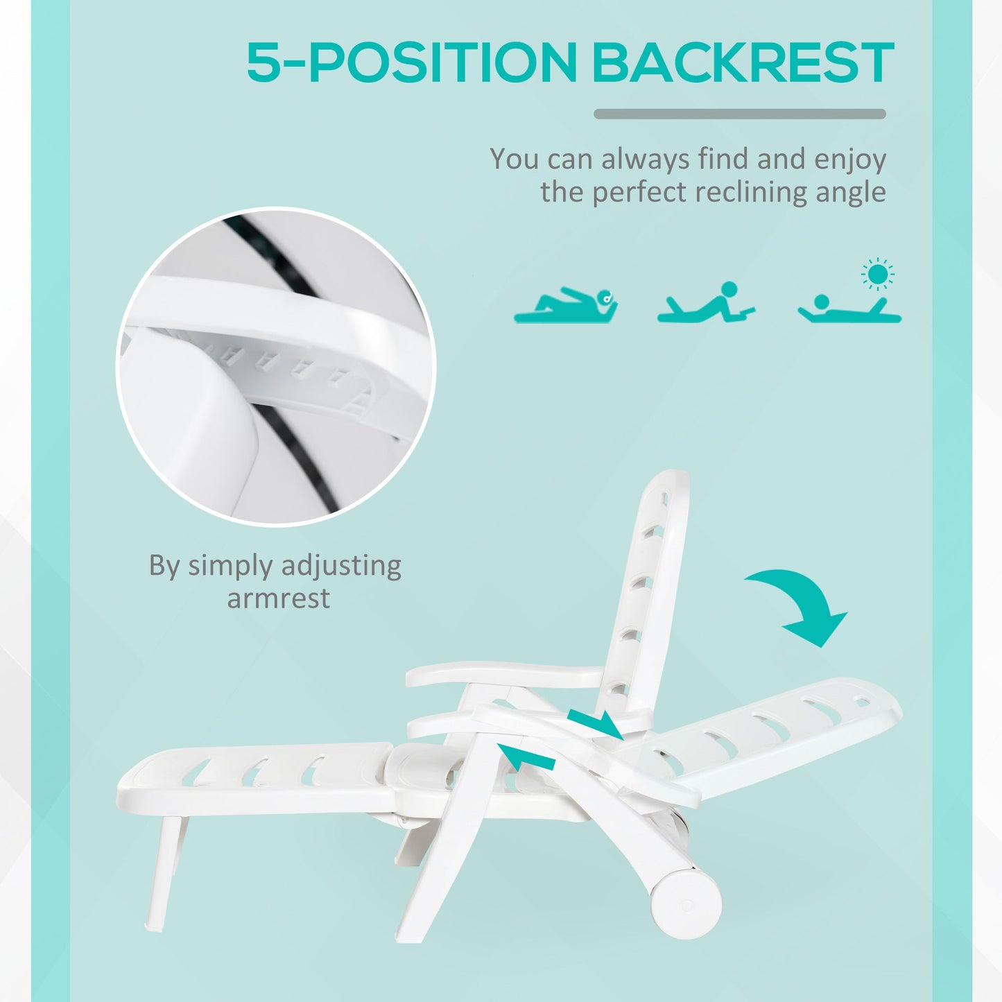 Outdoor Folding Sun Lounger Recliner on Wheels w/ 5-Position Backrest