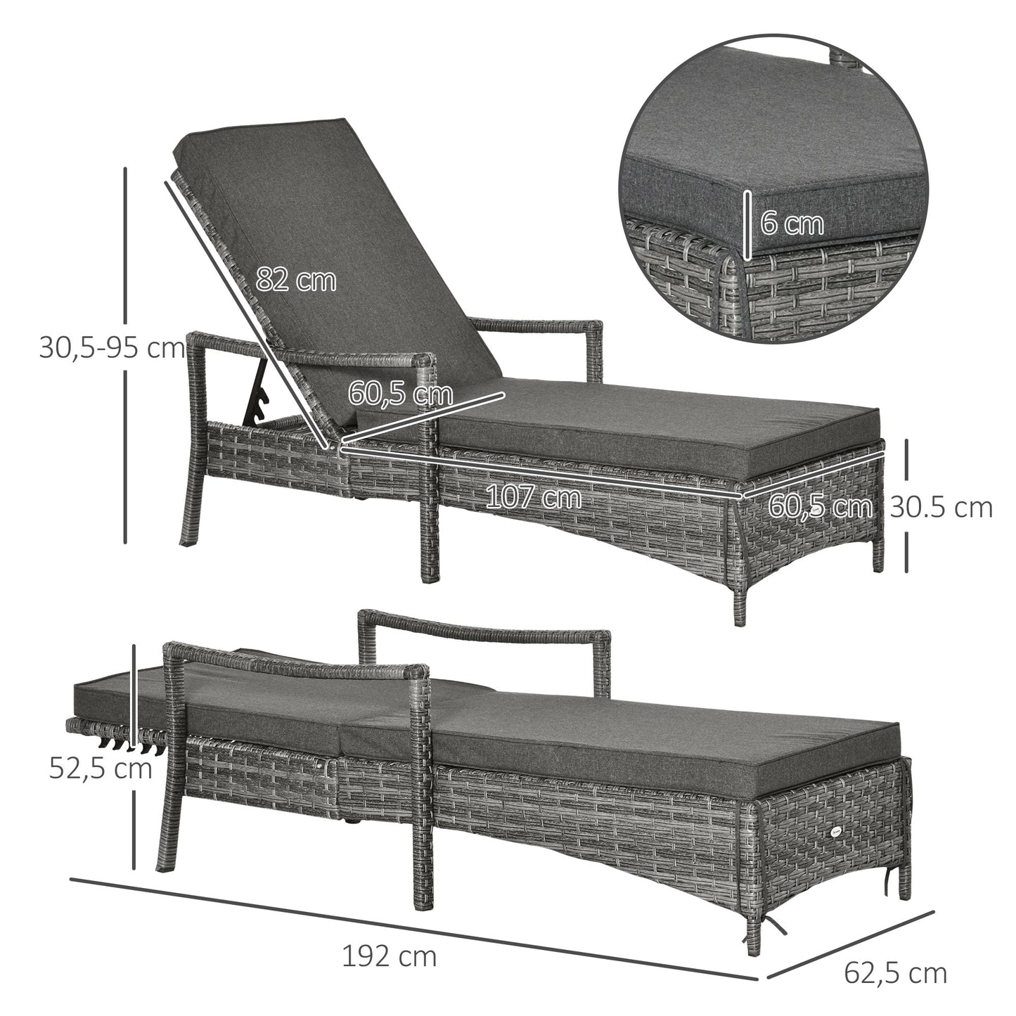 Patio Dual Rattan Wicker Single Sun Lounger w/ 4-Level Adjustable Headrest