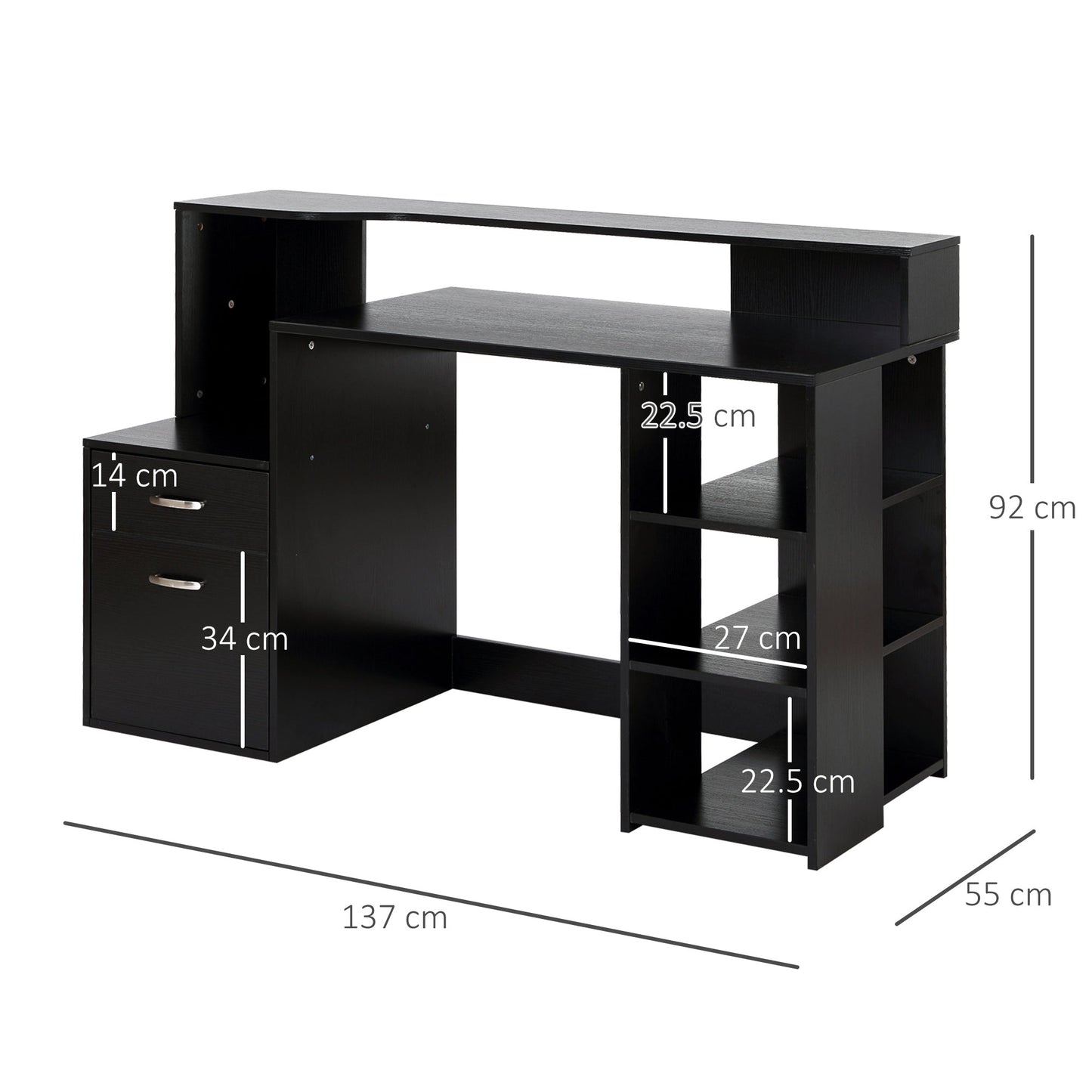 Computer Desk Study Table Modern Home Office Writing Workstation Furniture Printer Shelf Rack w/ Storage Drawer & Shelves Black