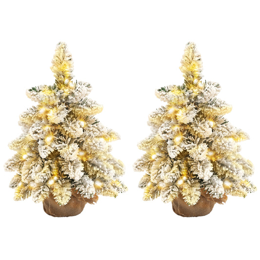 2x 1ft Burlap Base Christmas Tree Artificial - White Frosted Green Ornament Warm White 50 Tips