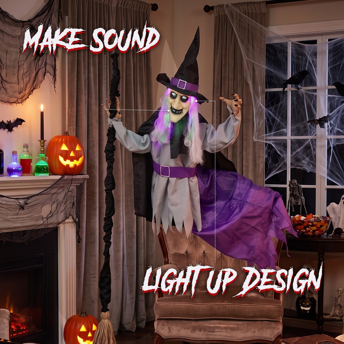 Animated Flying Witch Halloween Decoration - 200cm