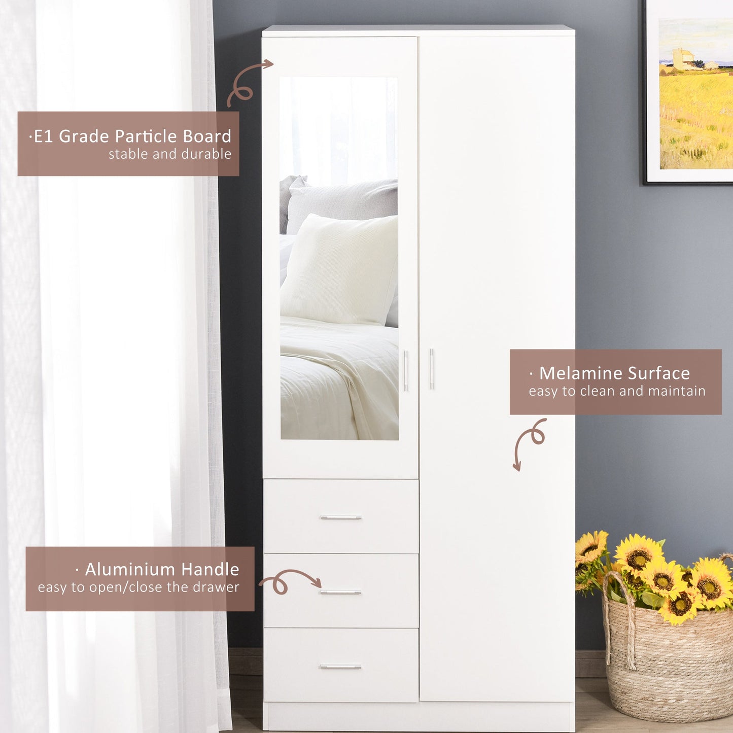 Modern Mirror Wardrobe 2 Door Storage Cupboards Home Storage Organisation Furniture with Adjustable Shelf