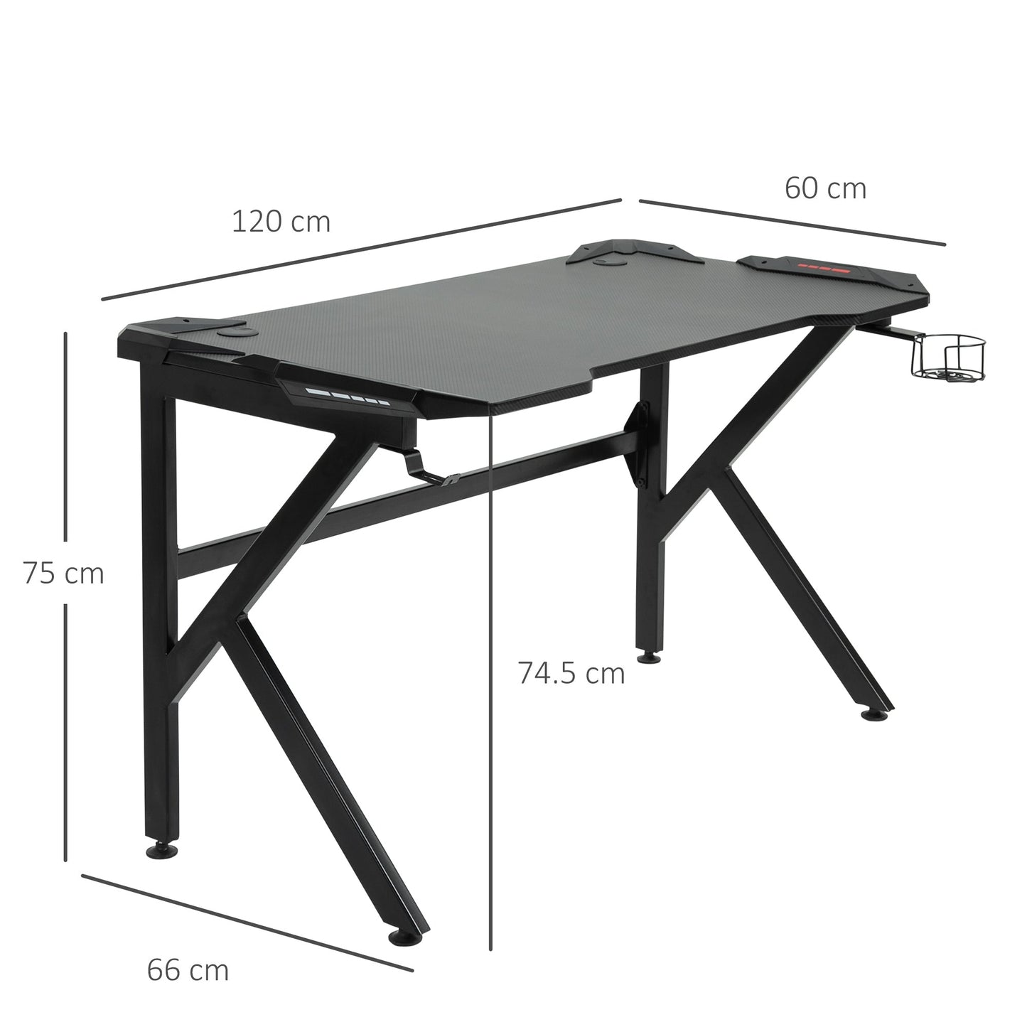 Gaming desk with Cup Holder Headphone Hook Feet Adjustable 120 x 66 x 75cm Black