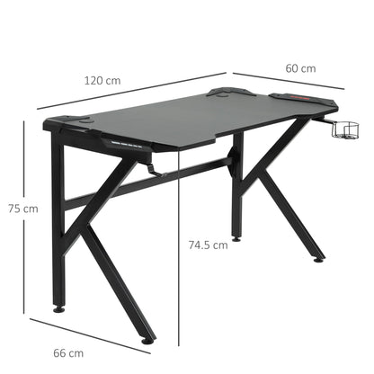 Gaming desk with Cup Holder Headphone Hook Feet Adjustable 120 x 66 x 75cm Black