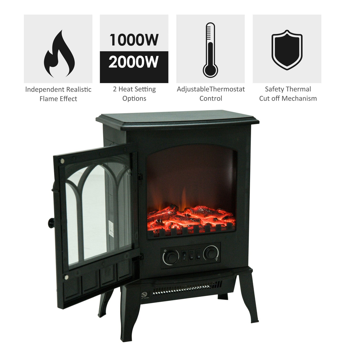 Electric Fireplace Heater Freestanding Stove with LED Flame Effect 1000W/2000W-Black
