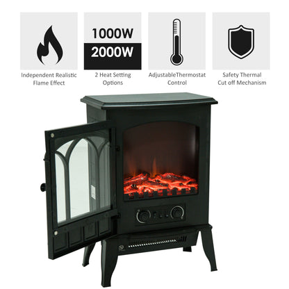 Electric Fireplace Heater Freestanding Stove with LED Flame Effect 1000W/2000W-Black